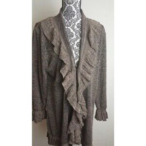 Exclusively Misook XL Open Cardigan Sweater Acrylic Brown Ruffled Cardigan Long